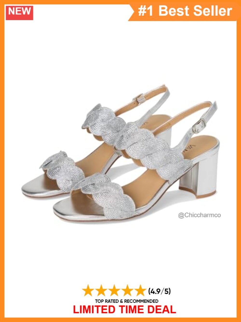 Woven Metallic Block Heel Slingback Sandals Adjustable Buckle Round Toe